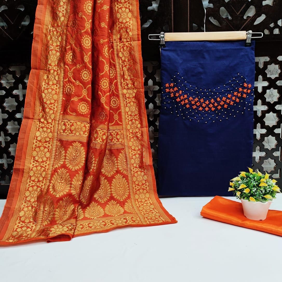 Exclusive Indian Chanderi Three Piece - Dm-2142-Nevyblue-Orange